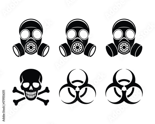 Chemical danger signs: gas masks, skull, and biohazard icons