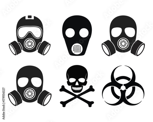 Gas mask, skull, biohazard symbols for hazard and protection