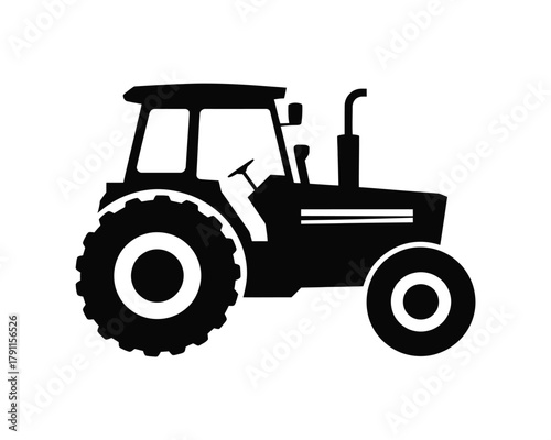 A black and white silhouette icon of a farm tractor used for agriculture