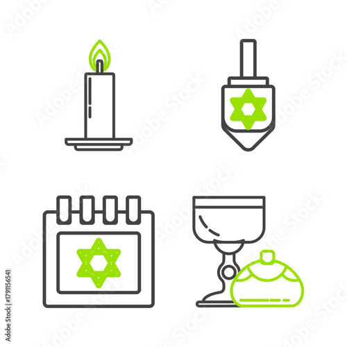 Set line Jewish goblet and hanukkah sufganiyot, calendar with star of david, Hanukkah dreidel and Burning candle in candlestick icon. Vector