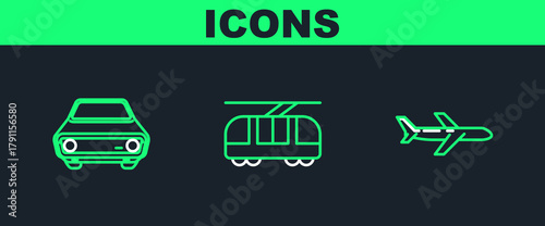 Set line Plane, Car and Tram and railway icon. Vector
