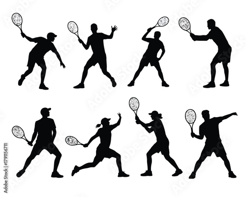 Dynamic silhouettes of tennis players in various poses and actions