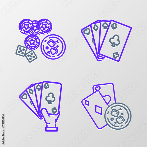 Set line Playing cards and glass of whiskey with ice cubes, Hand holding playing, and Casino chips, game dice icon. Vector