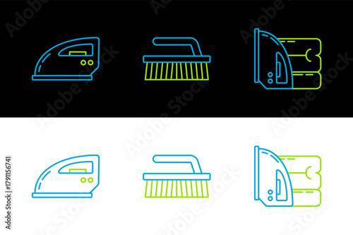 Set line Electric iron and towel, and Brush for cleaning icon. Vector