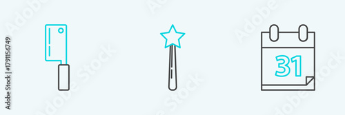 Set line Calendar with Halloween date 31 october, Meat chopper and Magic wand icon. Vector
