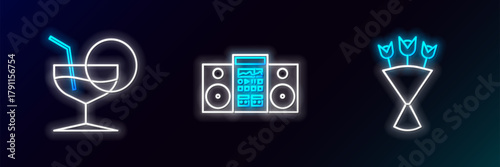 Set line Bouquet of flowers, Martini glass and Home stereo with two speakers icon. Glowing neon. Vector