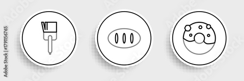 Set line Donut with sweet glaze, Kitchen brush and Bread loaf icon. Vector