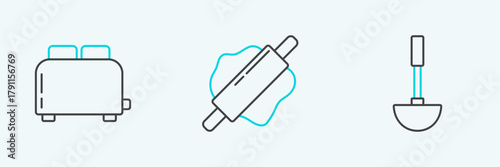 Set line Kitchen ladle, Toaster with toasts and Rolling pin icon. Vector