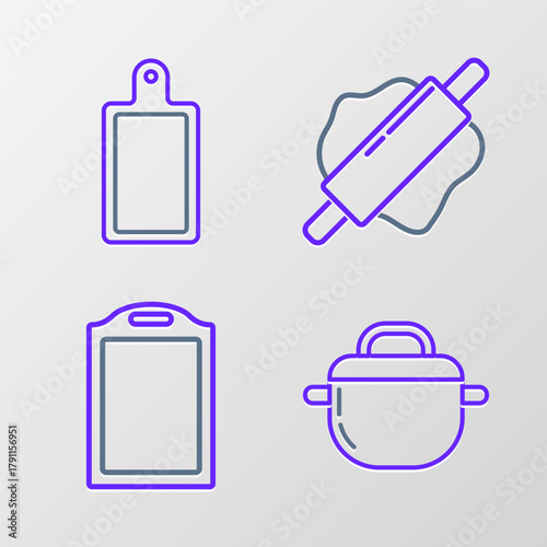 Set line Cooking pot, Cutting board, Rolling pin and icon. Vector