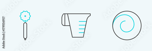 Set line Roll bun with cinnamon, Pizza knife and Measuring cup icon. Vector