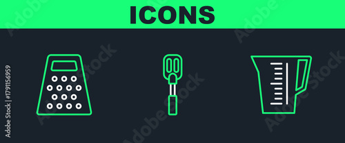 Set line Measuring cup, Grater and Spatula icon. Vector