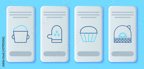 Set line Oven glove, Muffin, Bakery bowl dough and Brick stove icon. Vector