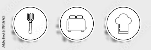 Set line Chef hat, Fork and Toaster with toasts icon. Vector