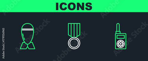 Set line Walkie talkie, Aviation bomb and Military reward medal icon. Vector