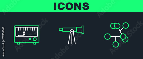 Set line Molecule, Electrical measuring instruments and Telescope icon. Vector