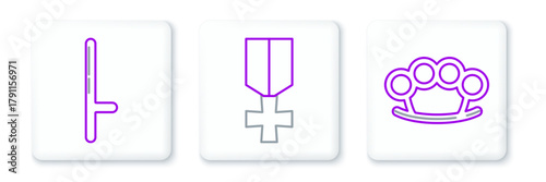 Set line Brass knuckles, Police rubber baton and Military reward medal icon. Vector