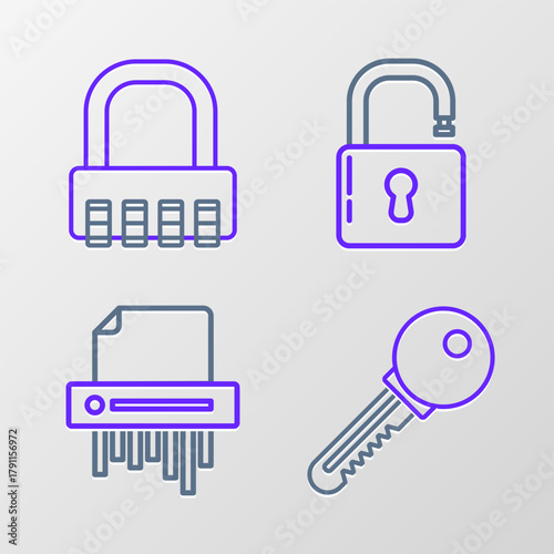 Set line Key, Paper shredder confidential, Open padlock and Safe combination icon. Vector