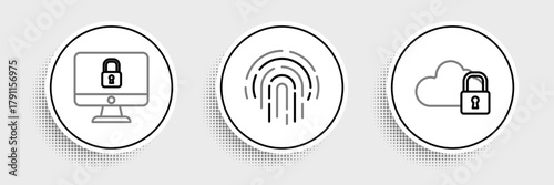 Set line Cloud computing lock, Lock on computer monitor screen and Fingerprint icon. Vector