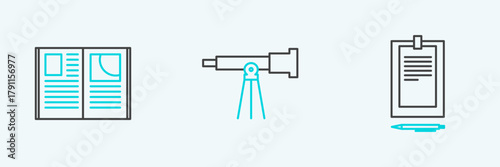 Set line Clipboard with document, Open book and Telescope icon. Vector