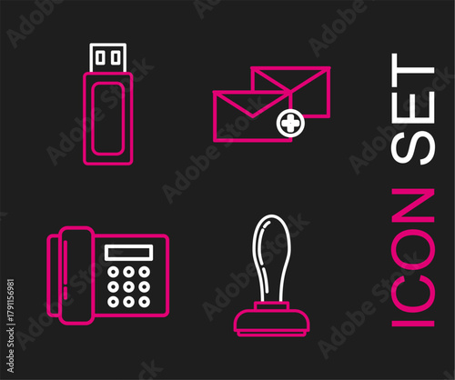Set line Stamp, Telephone, Envelope and USB flash drive icon. Vector