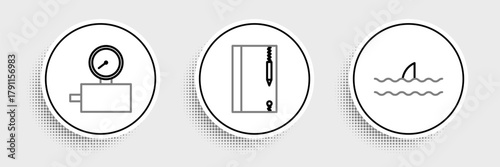 Set line Shark fin in ocean wave, Gauge scale and Underwater note book and pencil icon. Vector
