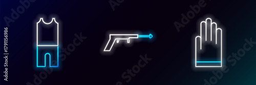 Set line Gloves, Wetsuit for scuba diving and Fishing harpoon icon. Glowing neon. Vector