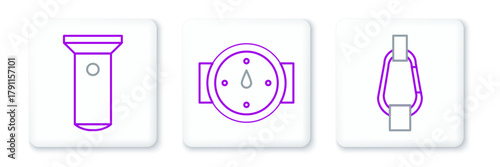 Set line Carabiner, Flashlight and Wind rose icon. Vector
