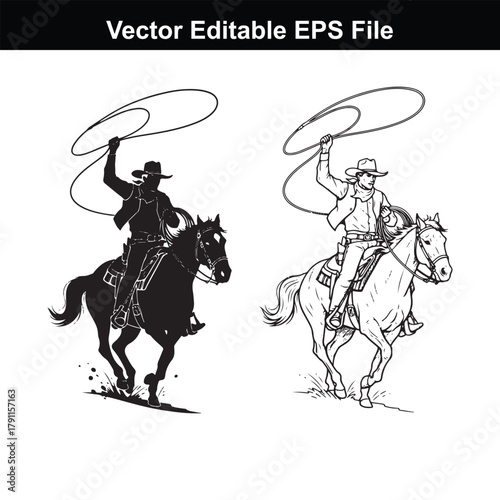 Cowboy on horseback with lasso, silhouette and line art, vector illustration