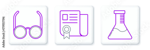 Set line Test tube and flask chemical laboratory, Glasses and Certificate template icon. Vector