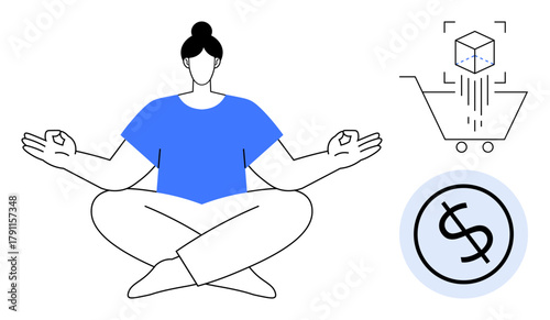 Woman meditating in lotus pose with e-commerce, digital shopping cart, cube symbol, and dollar sign. Ideal for mindfulness, digital business, e-commerce, work-life balance, online shopping financial
