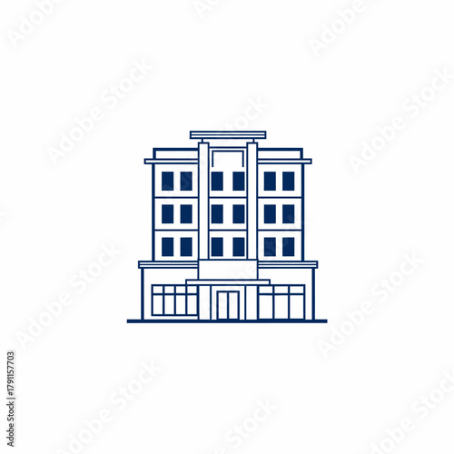 A minimalist blue line art illustration of a multi-story building with commercial ground floor and residential or office upper floors.
