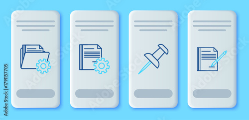 Set line Document settings with gears, Push pin, Folder and Blank notebook and pen icon. Vector