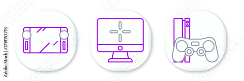 Set line Game console with joystick, Portable video game and Computer monitor icon. Vector