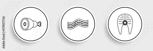Set line Fish steak, Chicken leg and Bacon stripe icon. Vector