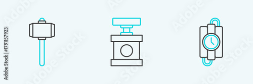 Set line dynamite stick and timer clock, Battle hammer and Handle detonator for icon. Vector