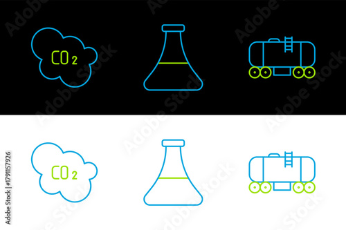 Set line Oil railway cistern, CO2 emissions in cloud and petrol test tube icon. Vector