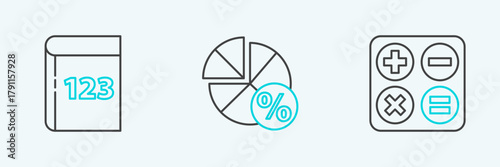 Set line Calculator, Book with word mathematics and Graph, schedule, chart, diagram icon. Vector