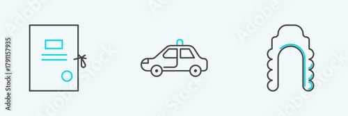 Set line Judge wig, Lawsuit paper and Police car and flasher icon. Vector