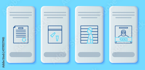 Set line Evidence bag and bullet, Suspect criminal, The arrest warrant and Wanted poster icon. Vector