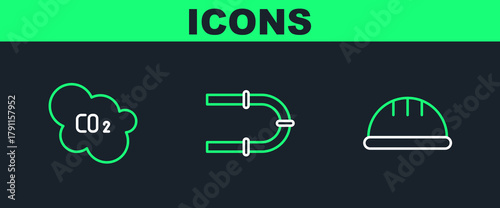 Set line Worker safety helmet, CO2 emissions in cloud and Industry pipe icon. Vector
