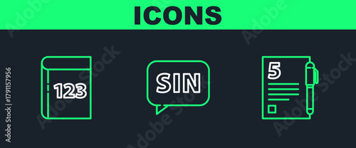 Set line Test or exam sheet and pen, Book with word mathematics and Mathematics function sine icon. Vector