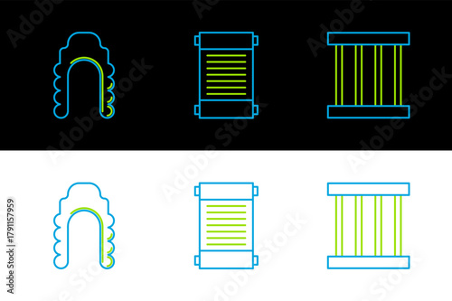 Set line Prison window, Judge wig and Decree, paper, parchment, scroll icon. Vector