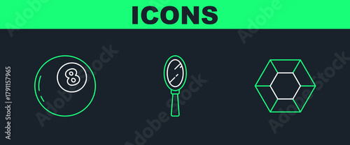 Set line Magic stone, ball of predictions and hand mirror icon. Vector
