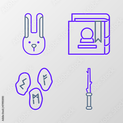 Set line Magic wand, runes, Ancient magic book and Rabbit with ears icon. Vector