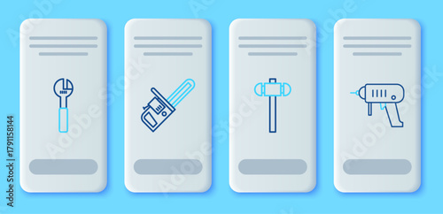 Set line Chainsaw, Sledgehammer, Adjustable wrench and Electric drill machine icon. Vector