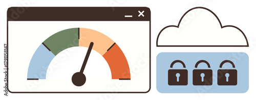 Dashboard with a performance meter and cloud storage featuring padlocks. Ideal for analytics, security, optimization, performance, technology, data management, cloud computing. Simple flat metaphor