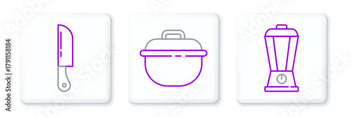Set line Blender, Knife and Cooking pot icon. Vector
