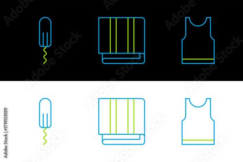 Set line Sleeveless T-shirt, Sanitary tampon and Towel stack icon. Vector