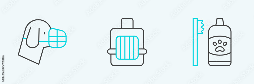Obraz premium Set line Dental hygiene for pets, Dog in muzzle and Pet carry case icon. Vector