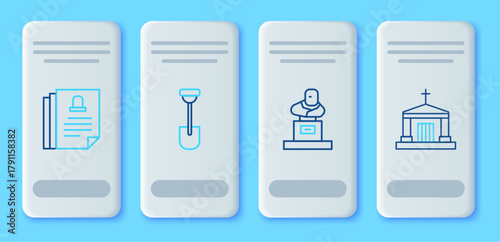 Set line Shovel, Grave with tombstone, Death certificate and Old crypt icon. Vector